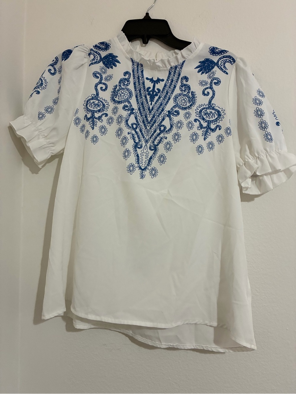 SHEIN White Tunic with Blue Floral Embroidery
